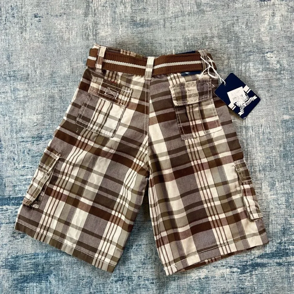 NWT! Boys Old Skool Brown Cream Plaid Cargo Shorts w Matching Belt Size 5